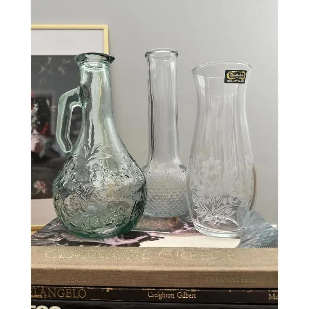 Set Of Three Vintage Green And Clear Glass Vases With Floral And Hobnail Designs